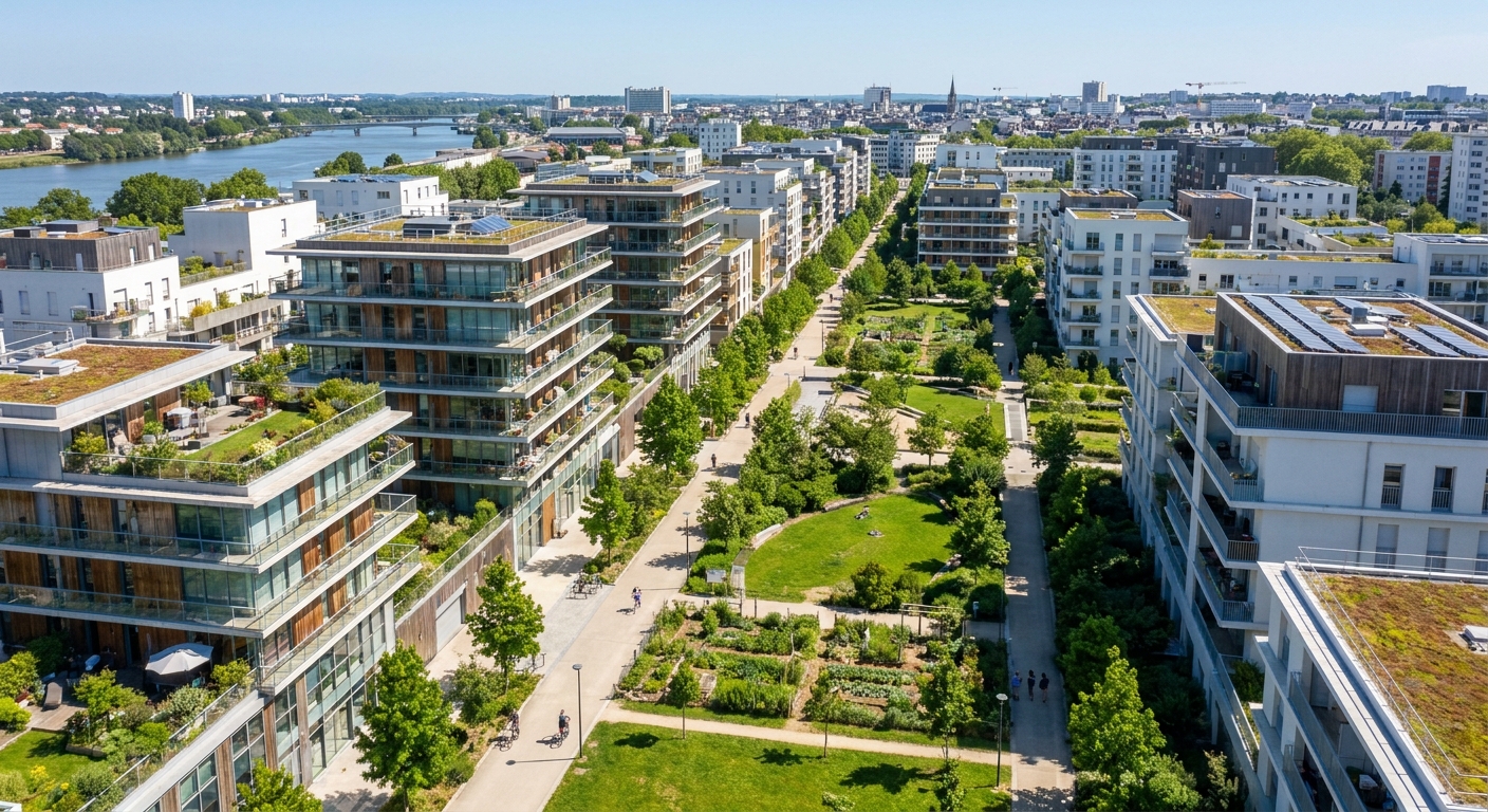 vue aérienne d'un quartier résidentiel neuf à Nantes avec immeubles modernes et espaces verts
