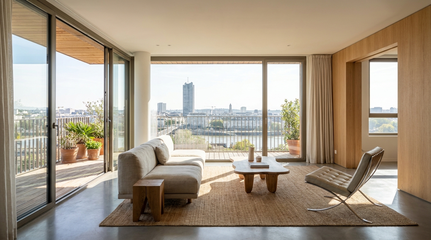 appartement neuf lumineux avec grande baie vitrée et balcon donnant sur la ville de Nantes